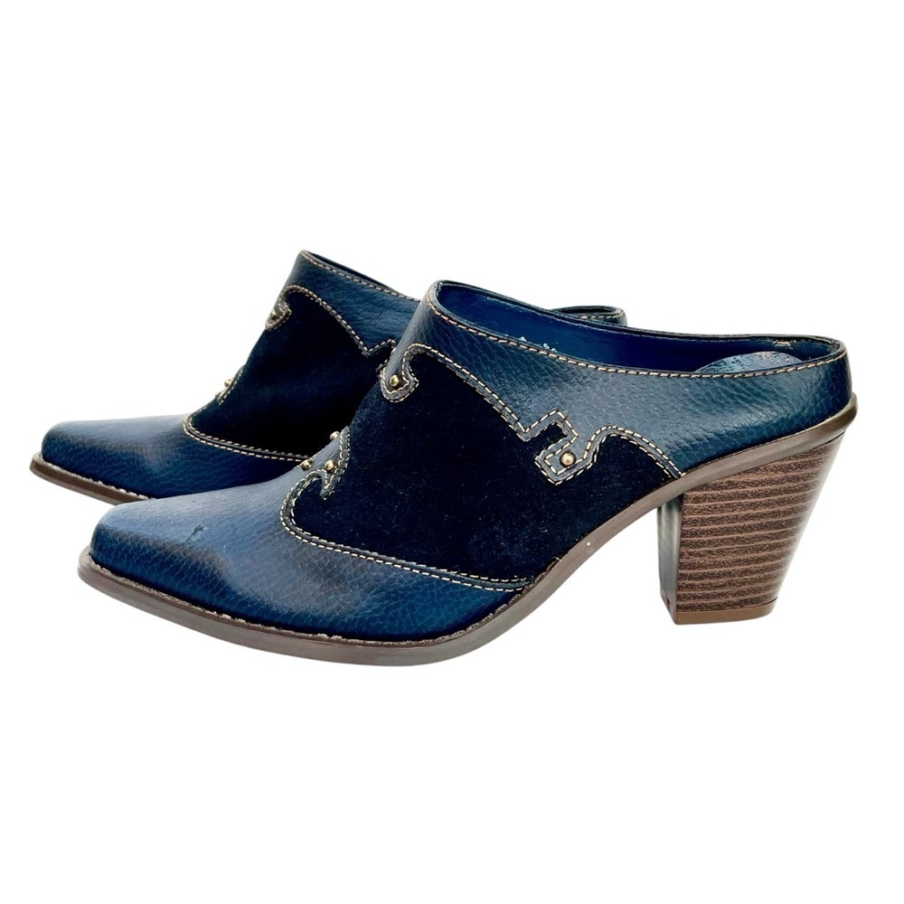 Vintage Coastal Cowgirl Western Navy Blue Suede Leather Mule Heels Size 6